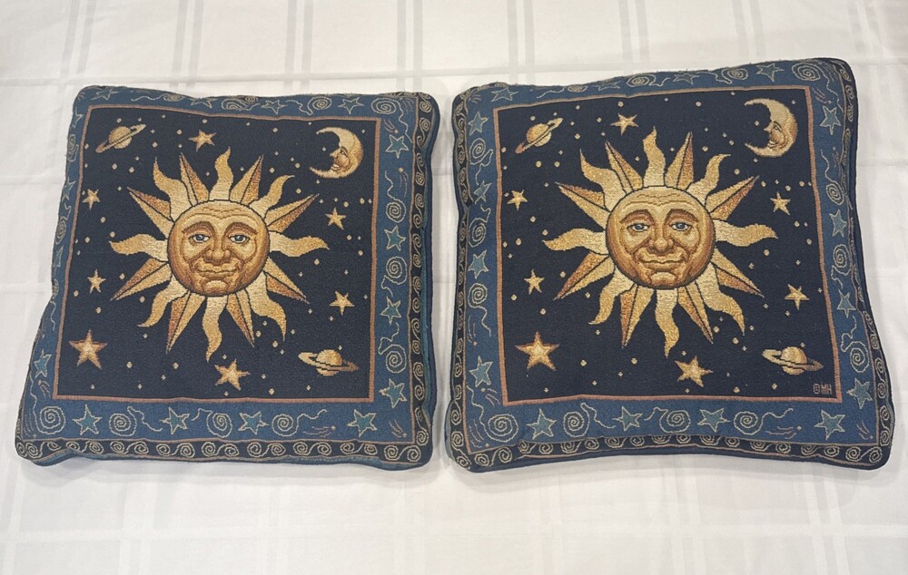 Pair Vyg 90s Celestial Whimsigoth Sun Moon Blue Yellow Tapestry Throw Pillows